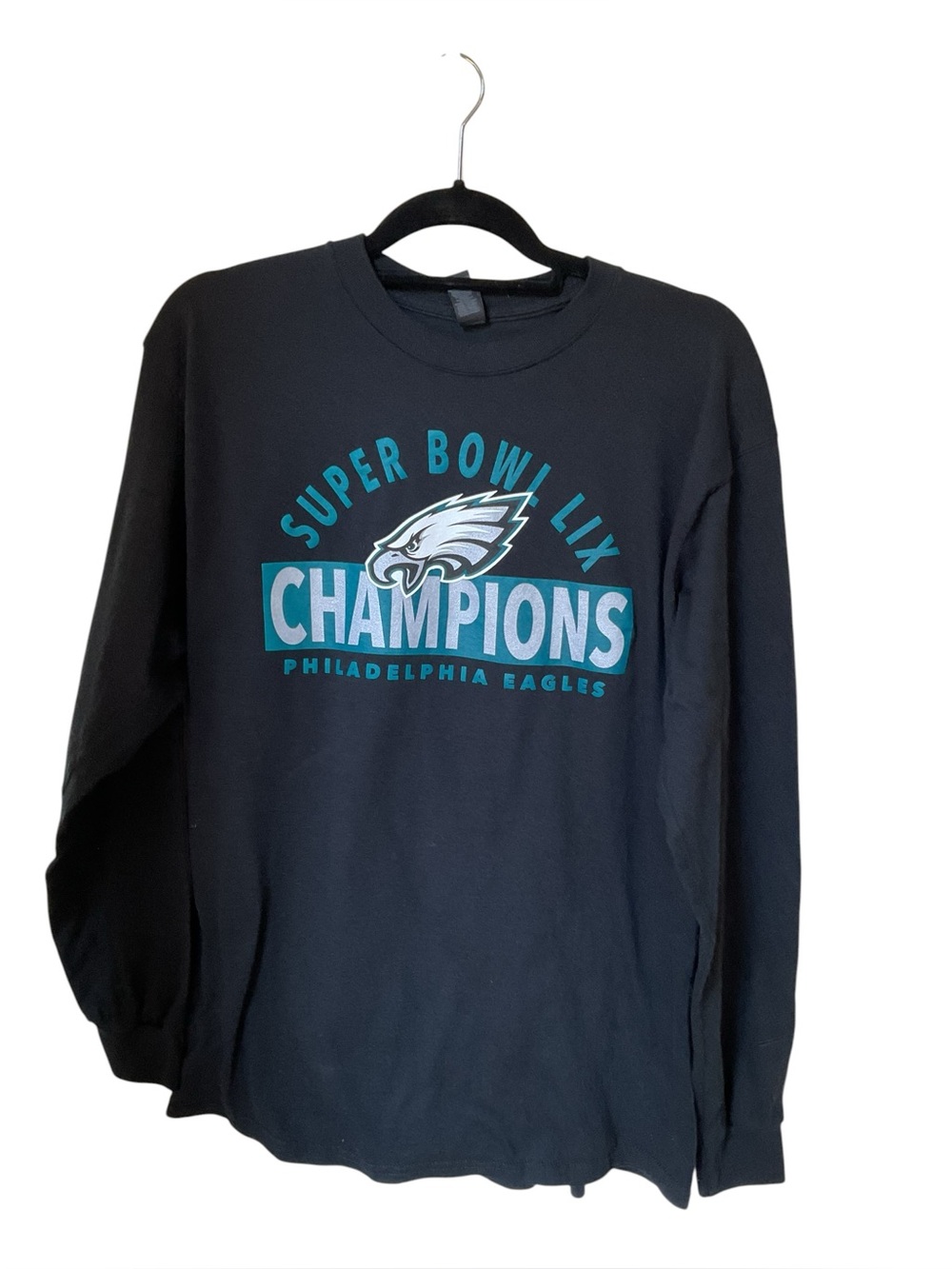 Gildan Black Long Sleeve Tee with Teal and White Eagles Graphic